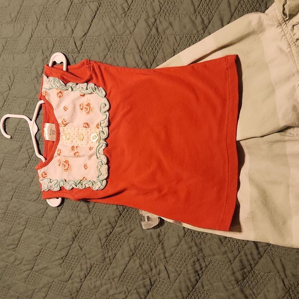 Persnickety set Coral top Green stripe bottoms